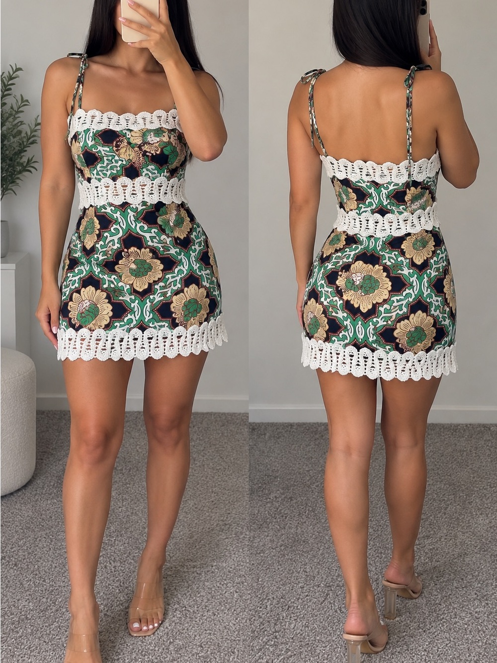 Floral Crochet-Trim Mini Dress in Green